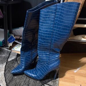 JustFab Blue Embossed Heeled Boots